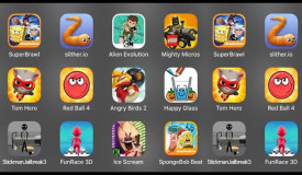 Super Brawl,Slither.io,Alien Evolution,Mighty Micros,Tom Hero,Red Ball 4,Angry Birds 2,Happy Glass