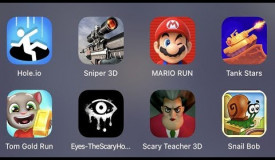 Hole.io,Sniper 3D,Mario Run,Tank Star,Tom Gold Run,Eyes Horror,Scary Teacher 3D,Snail Bob